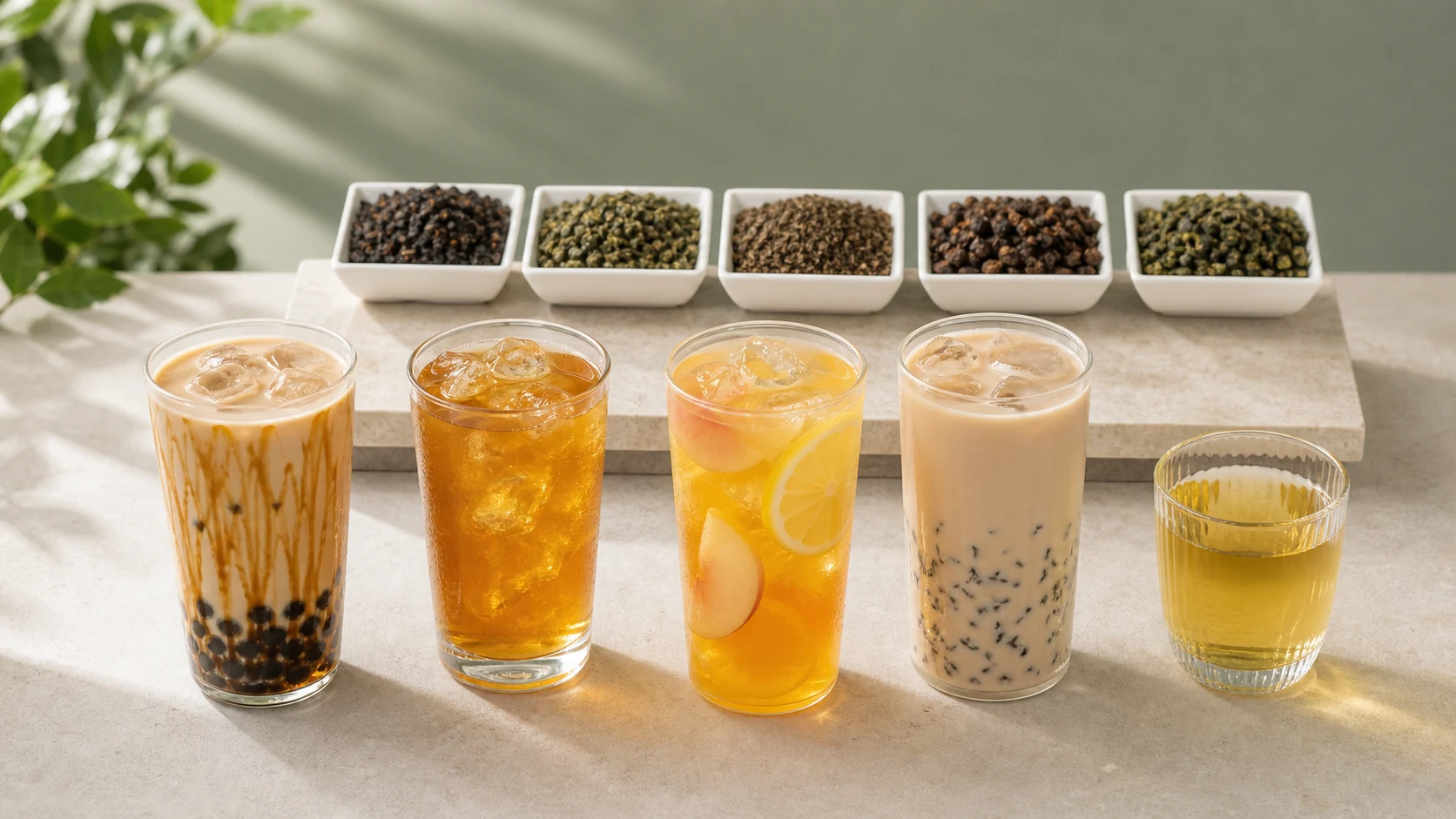 Modern tea beverage applications using oolong tea bases for milk tea, fruit tea, cold brew and tea coffee sample testing