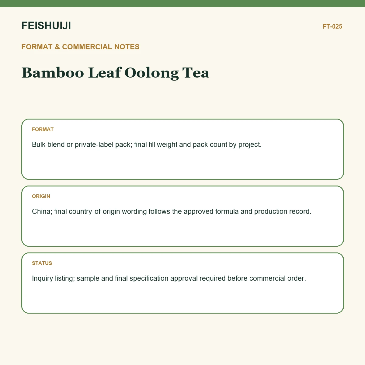 Format and commercial notes for Bamboo Leaf Oolong Tea