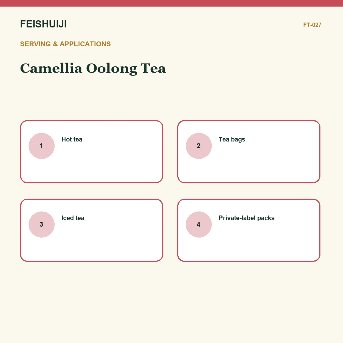 Serving and applications for Camellia Oolong Tea