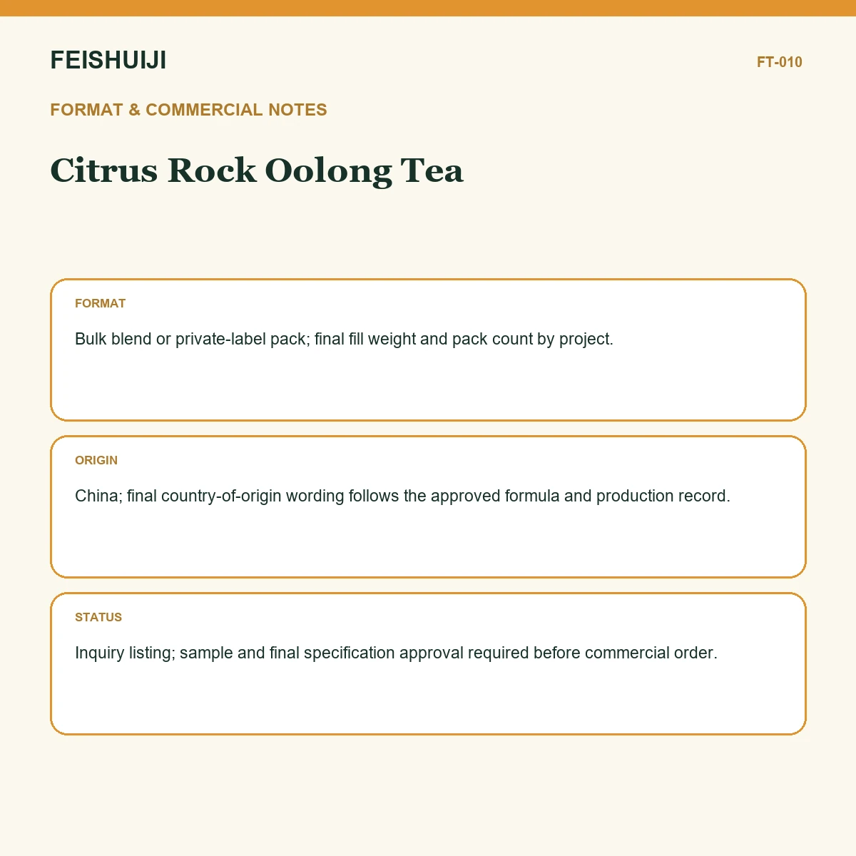 Format and commercial notes for Citrus Rock Oolong Tea