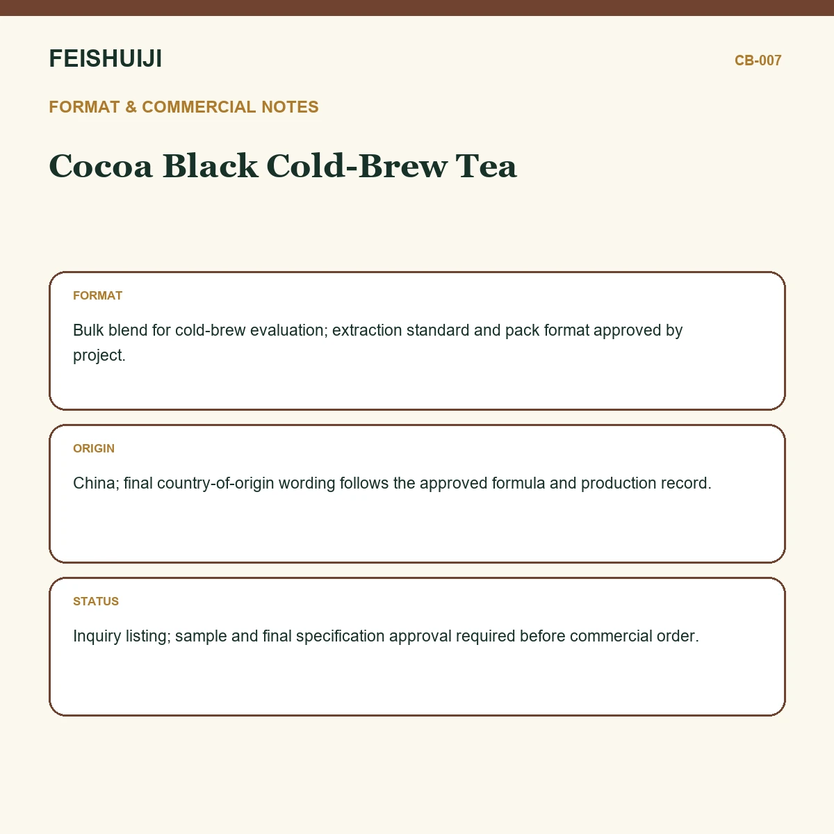 Format and commercial notes for Cocoa Black Cold-Brew Tea