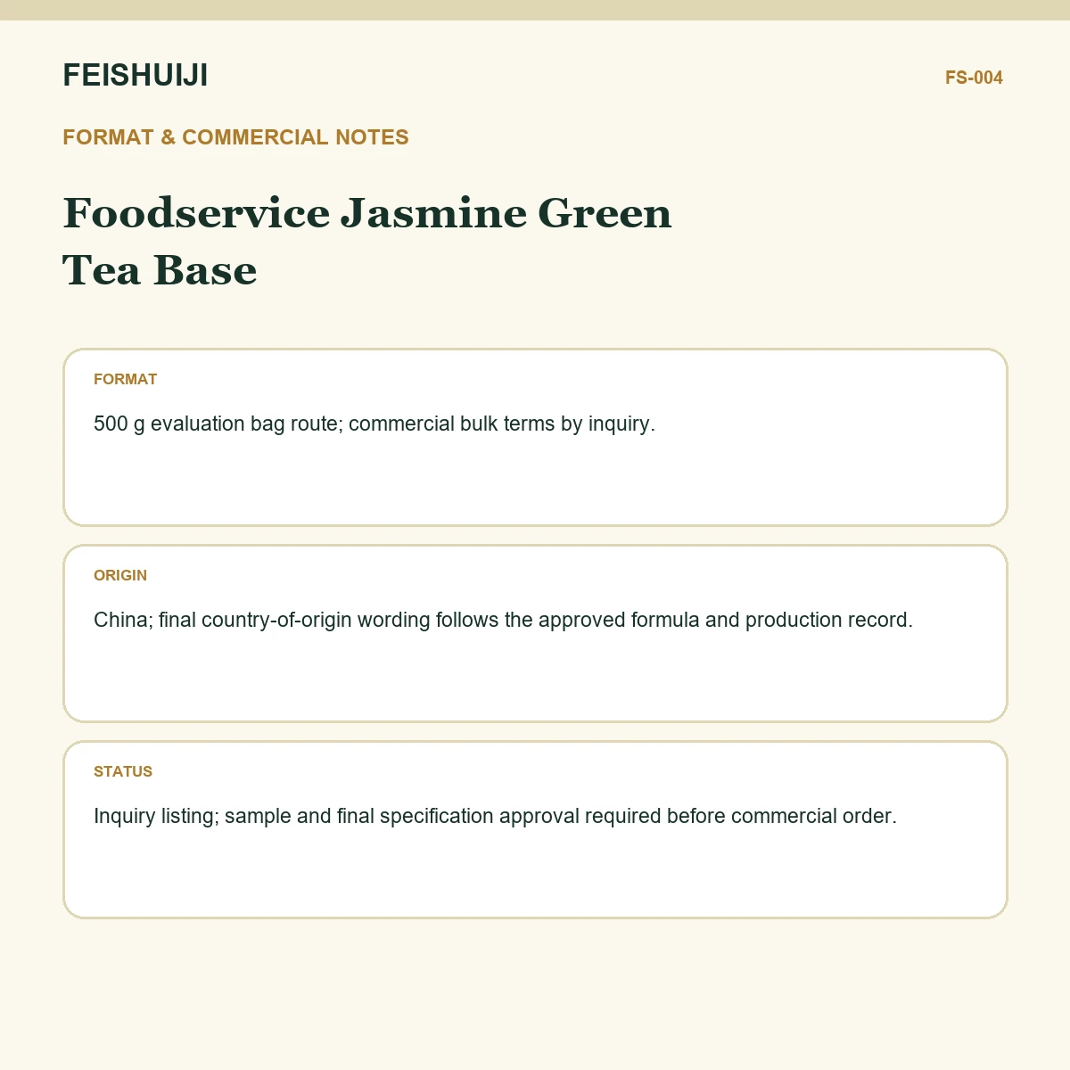 Format and commercial notes for Foodservice Jasmine Green Tea Base