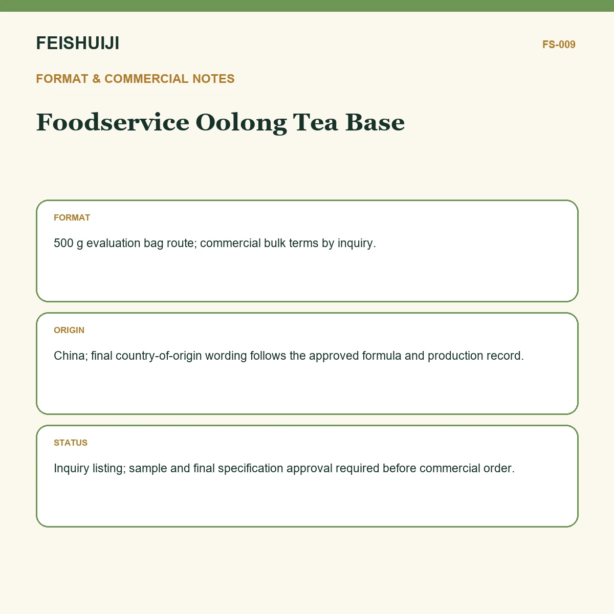 Format and commercial notes for Foodservice Oolong Tea Base