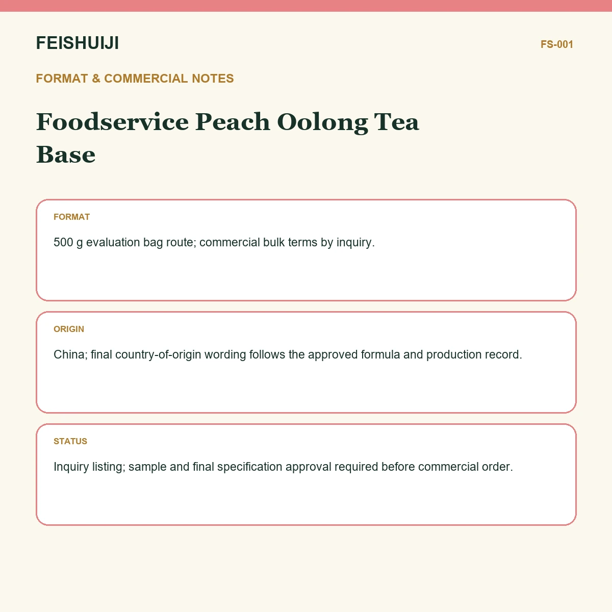 Format and commercial notes for Foodservice Peach Oolong Tea Base
