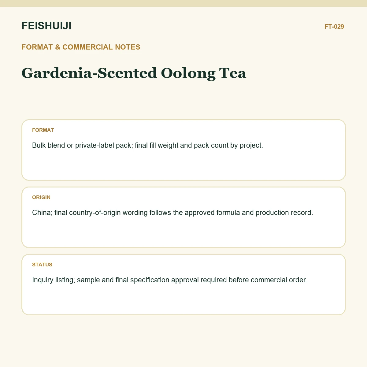Format and commercial notes for Gardenia-Scented Oolong Tea