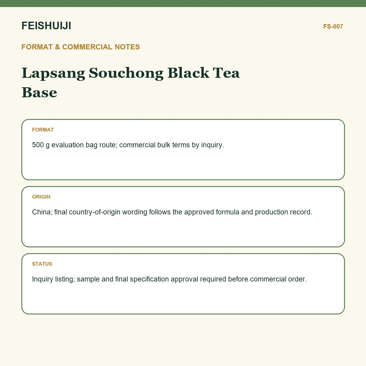 Format and commercial notes for Lapsang Souchong Black Tea Base