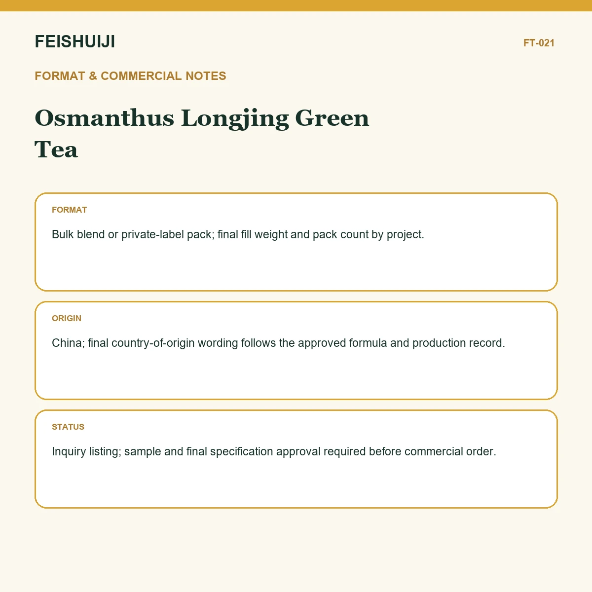 Format and commercial notes for Osmanthus Longjing Green Tea