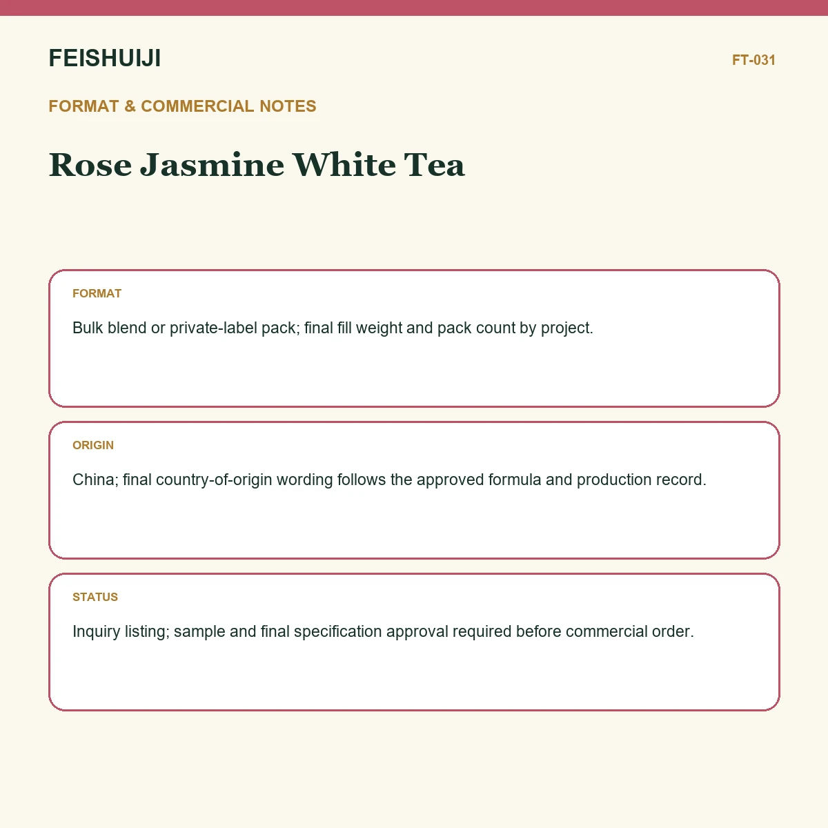 Format and commercial notes for Rose Jasmine White Tea