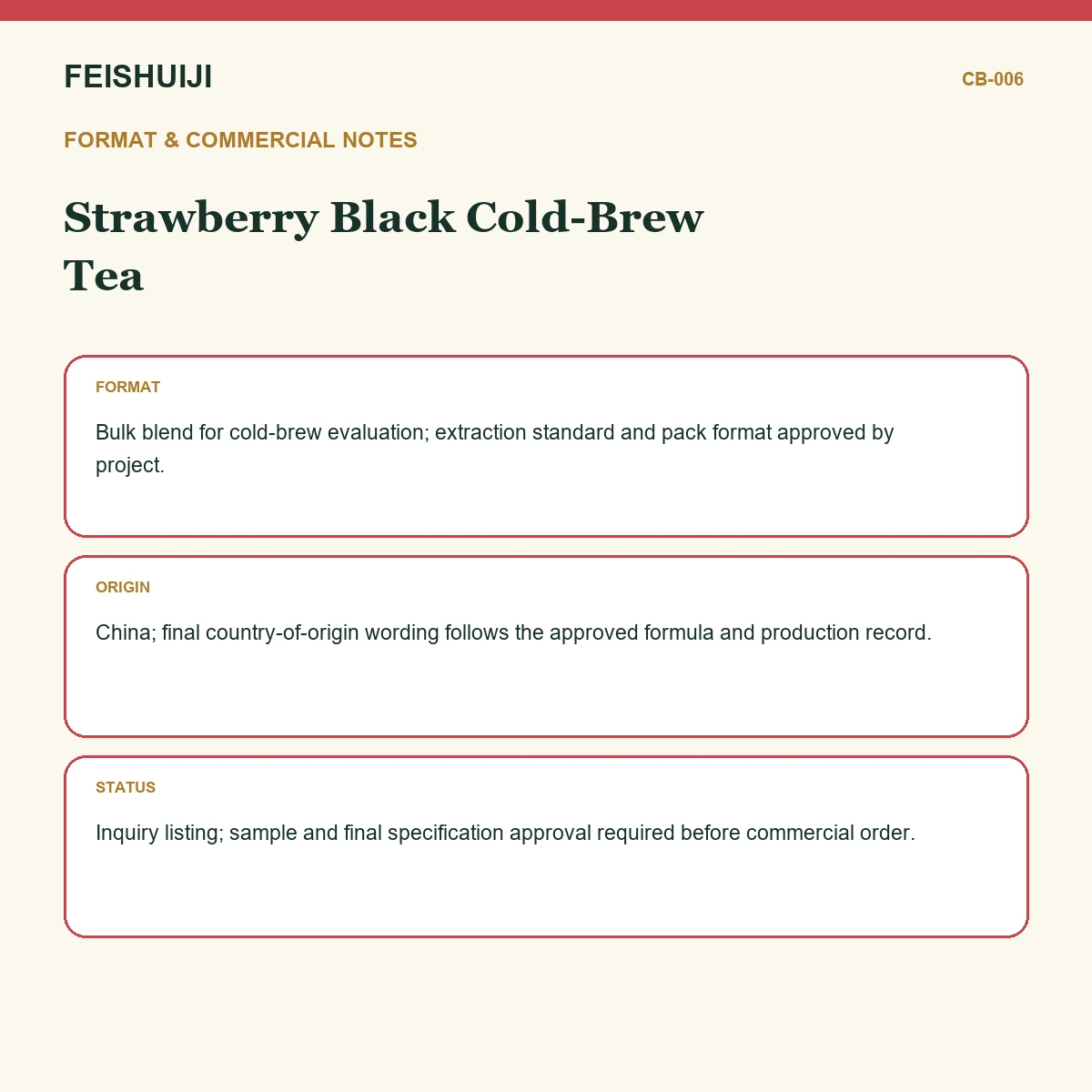 Format and commercial notes for Strawberry Black Cold-Brew Tea