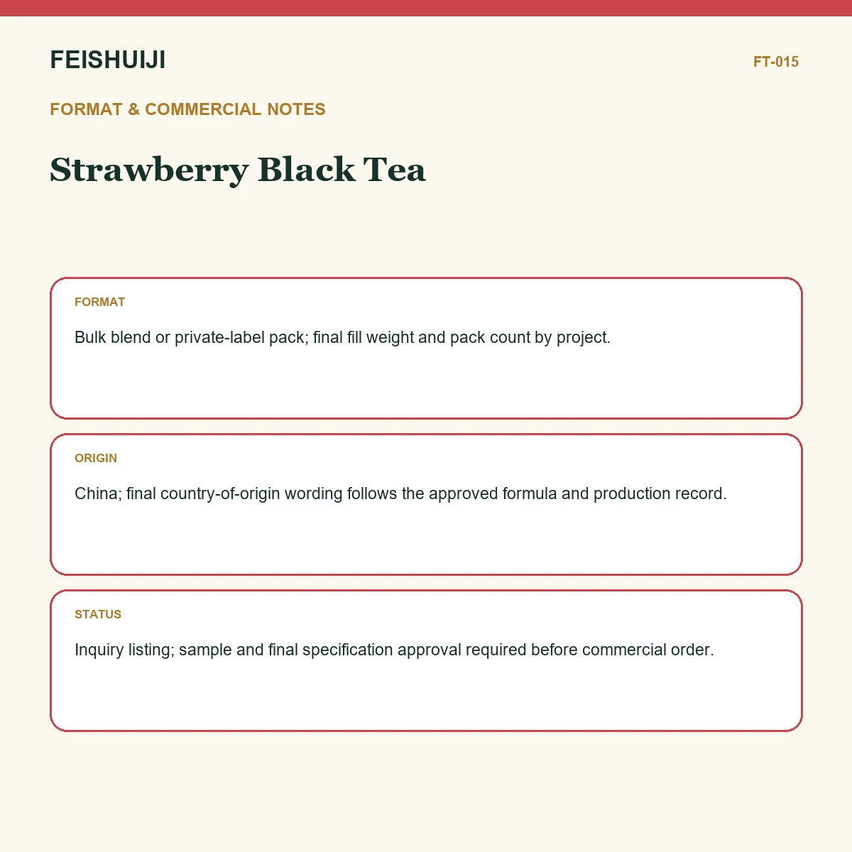 Format and commercial notes for Strawberry Black Tea
