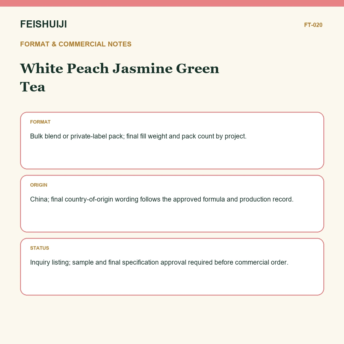 Format and commercial notes for White Peach Jasmine Green Tea