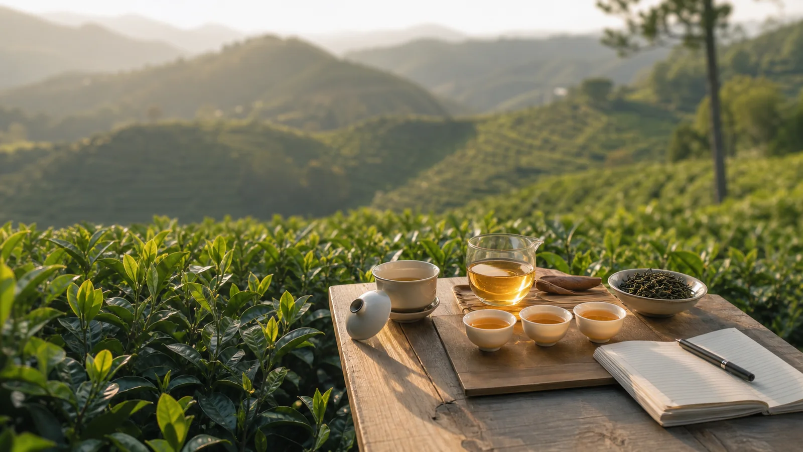 Outdoor Tieguanyin-style oolong tea tasting in a Fujian tea garden