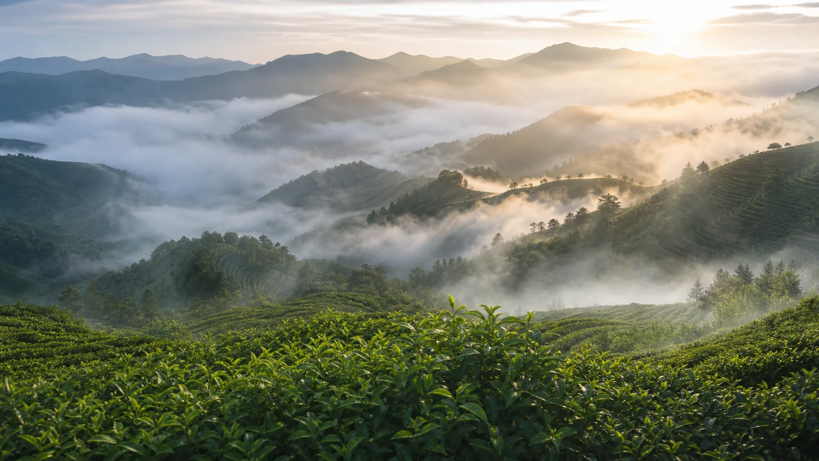 Misty Fujian mountain tea garden landscape showing cloud sea and oolong tea rows